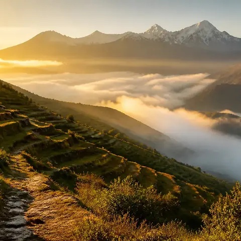 Terrazas de cultivo en una ladera andina con un camino de piedra y montañas nevadas al fondo