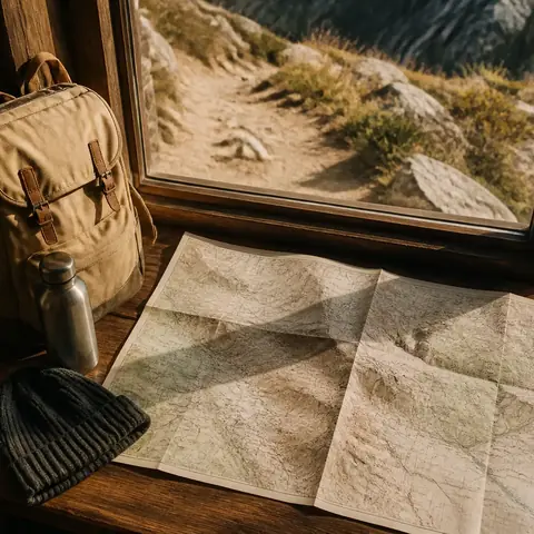 Mochila, mapa, botella y gorro de lana sobre una mesa de madera, junto a un camino de montaña