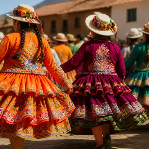 Mujeres con polleras de colores y sombreros bailando en una plaza durante una fiesta andina