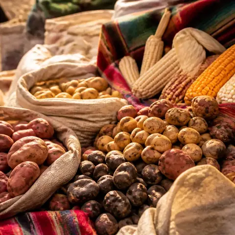 Puesto de un mercado andino con papas de colores, maíz y mantas tejidas