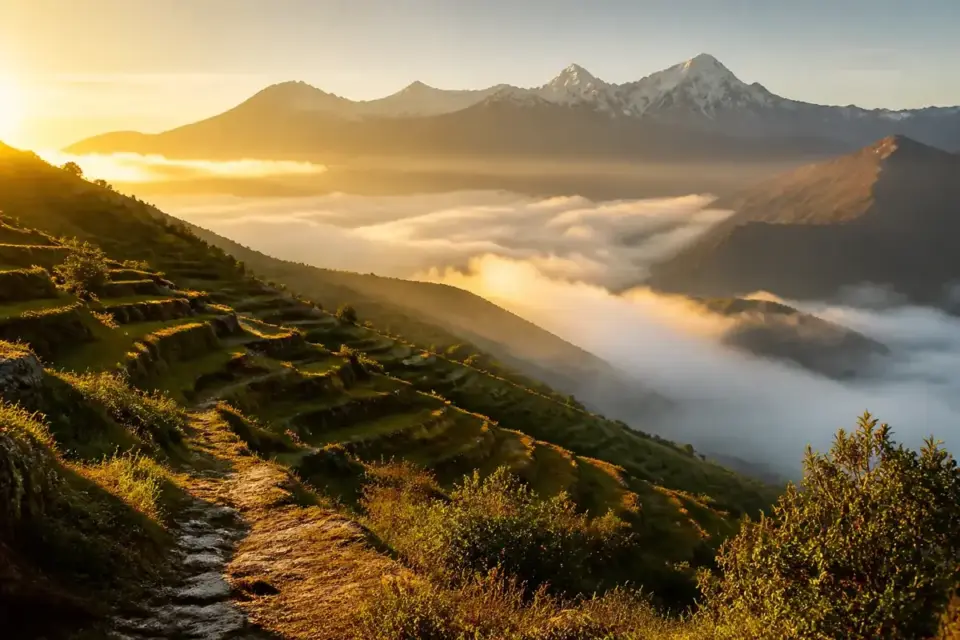 Terrazas de cultivo en una ladera andina con un camino de piedra y montañas nevadas al fondo