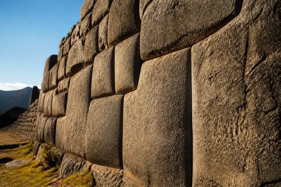 Muros de piedra inca perfectamente ajustados bajo una luz rasante