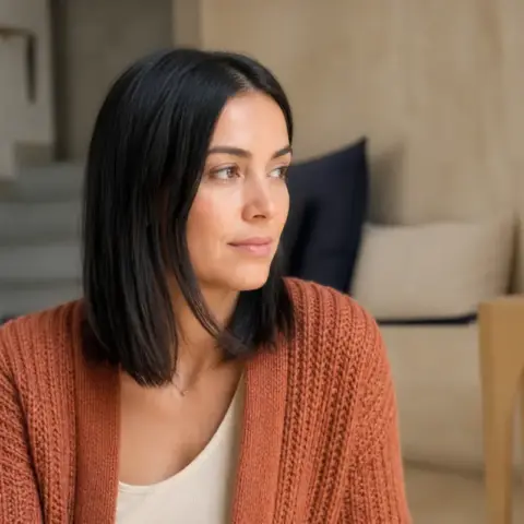 Retrato de Mirella Cárdenas, pelo negro liso a la altura de los hombros, chaqueta de punto terracota, cerca de una ventana