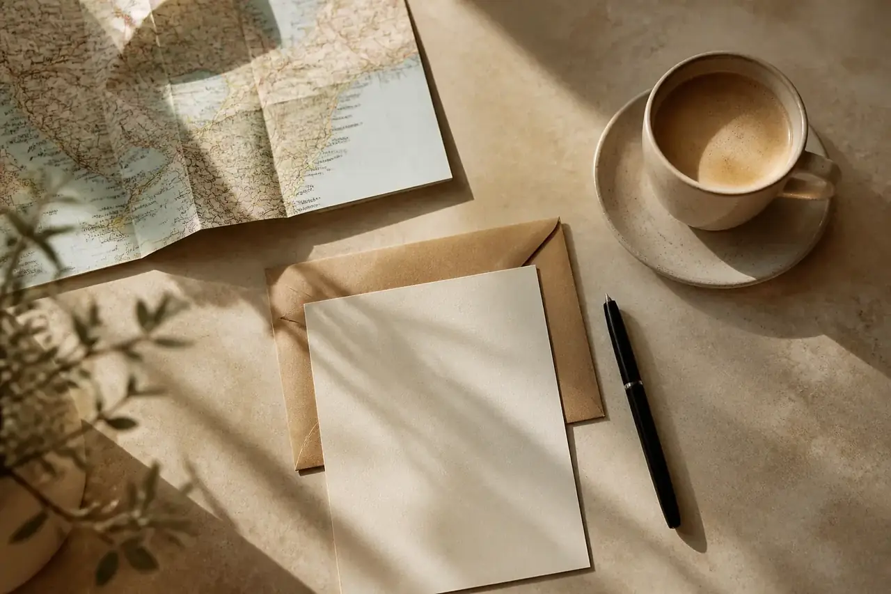 Hoja de papel crema, sobre y bolígrafo sobre una mesa clara junto a un mapa plegado y una taza de café