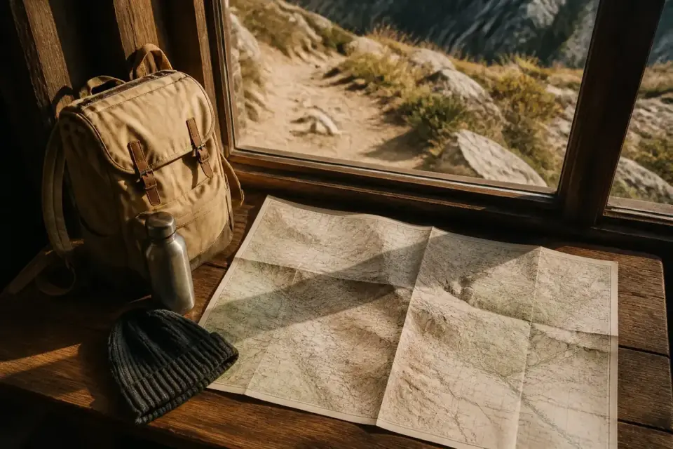 Mochila, mapa, botella y gorro de lana sobre una mesa de madera, junto a un camino de montaña