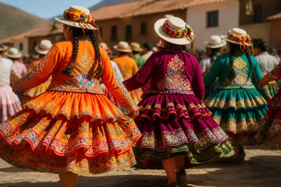 Mujeres con polleras de colores y sombreros bailando en una plaza durante una fiesta andina