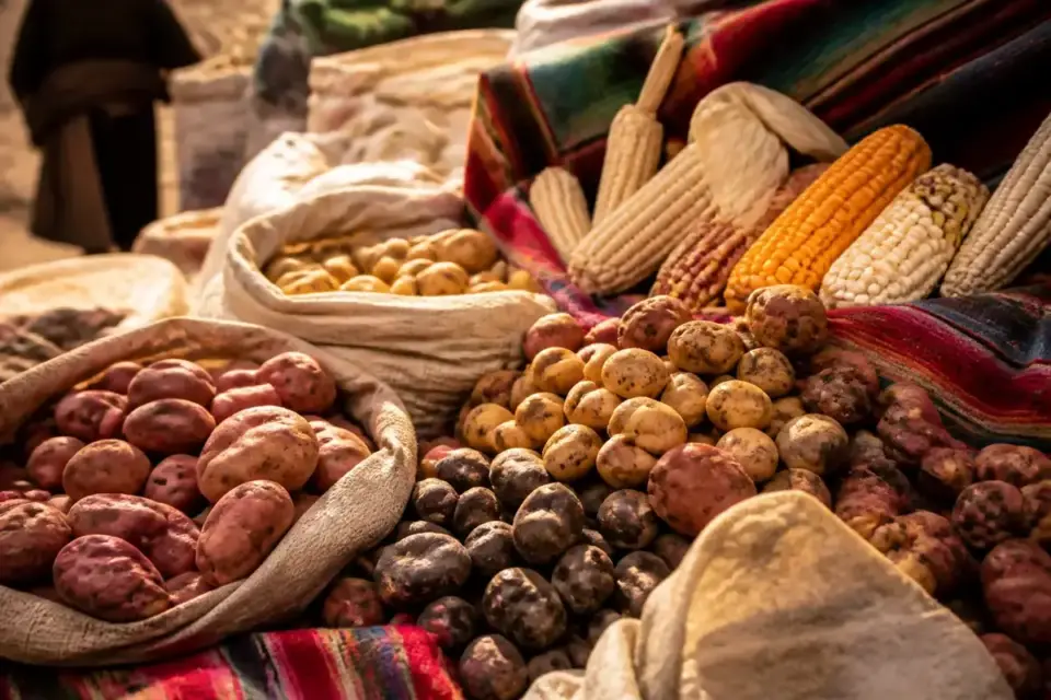 Puesto de un mercado andino con papas de colores, maíz y mantas tejidas